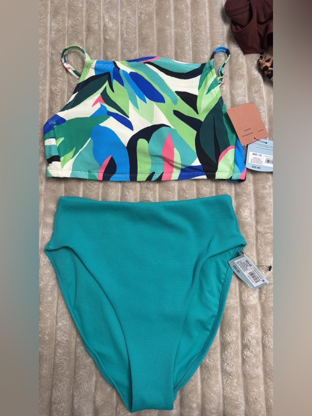 S/M 2-Piece Tropical Print & Teal High-Waist Bikini